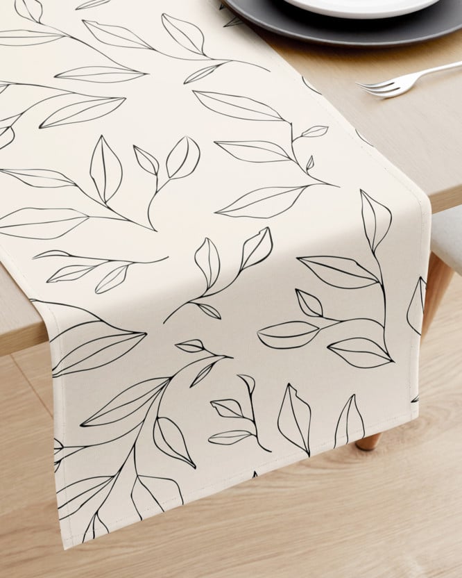 Běhoun na stůl 100% bavlněné plátno - listy na přírodním