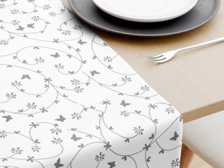 Bavlněný běhoun na stůl - vzor šedé kytičky a motýlci na bílém