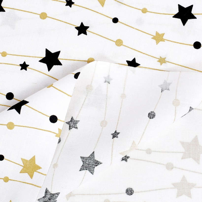 Vánoční bavlněné plátno - zlaté a černé hvězdičky na bílém