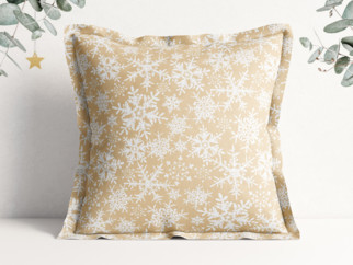 Vánoční bavlněný povlak na polštář s ozdobným lemem - vzor sněhové vločky na zlatém