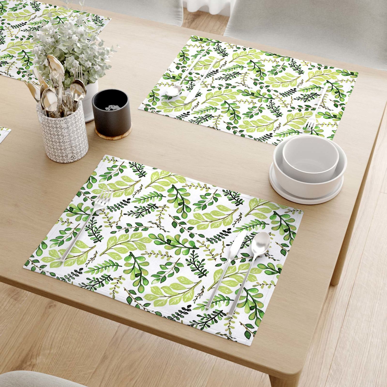 Prostírání na stůl 100% bavlněné plátno - zelené lístečky - sada 2ks