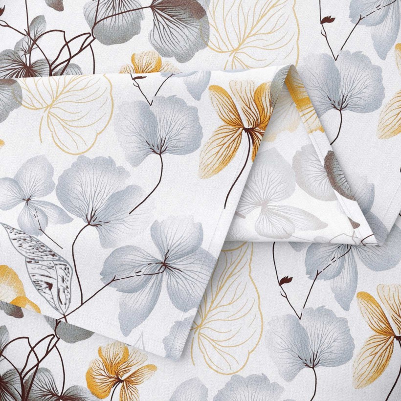Kulatý ubrus 100% bavlněné plátno - šedo-hnědé květy s listy
