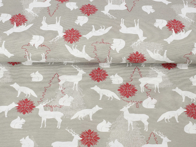Vánoční dekorační látka Loneta - vánoční zvířátka na šedém