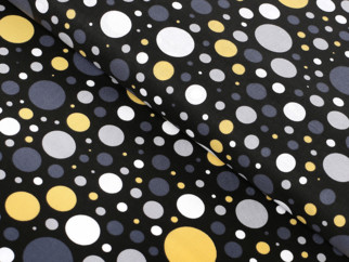 Bavlněné plátno SIMONA - vzor 1015 barevné puntíky a kolečka na černém - metráž š. 145cm
