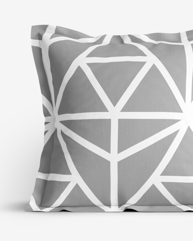 Bavlněný povlak na polštář s ozdobným lemem - bílé geometrické tvary na šedém