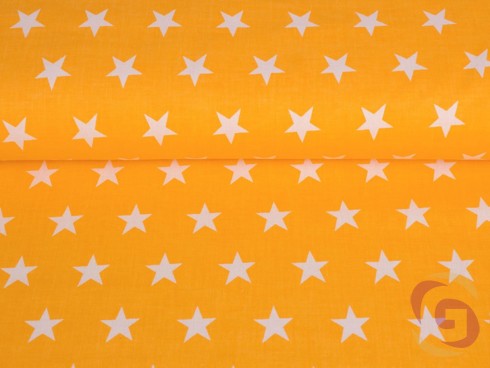 Bavlněné plátno SIMONA - vzor 630 bílé hvězdičky na žlutě oranžovém