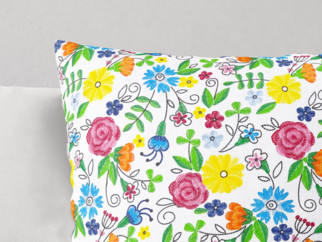 Bavlněný povlak na polštář - vzor barevné květiny na bílém