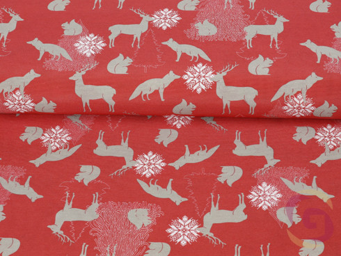 Vánoční dekorační látka LONETA - MOUNTAIN SNOW C-401 - vzor vánoční zvířátka na červeném