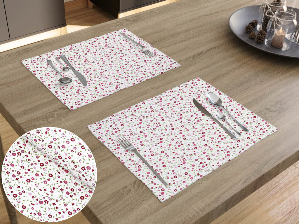 Prostírání na stůl 100% bavlněné plátno - růžové malované květinky - sada 2ks