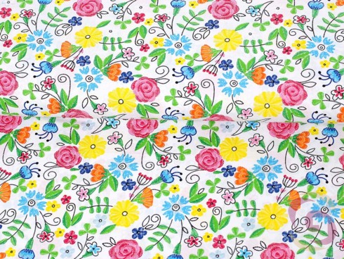 Bavlněné plátno SIMONA - vzor 1062 barevné květiny na bílém