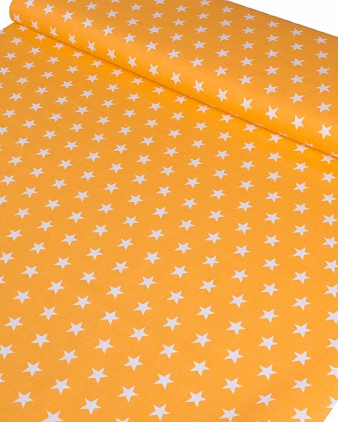 Bavlněné plátno - bílé hvězdičky na žlutě oranžovém