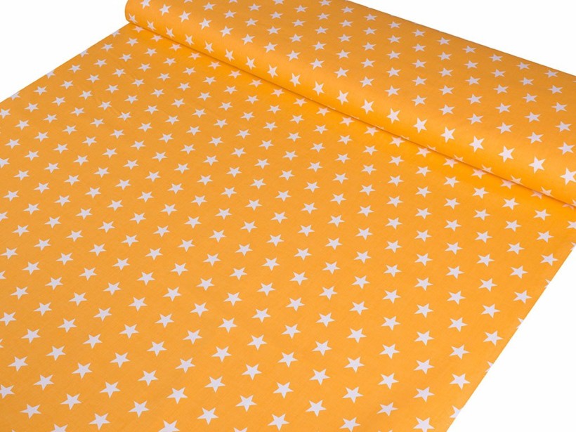 Bavlněné plátno - bílé hvězdičky na žlutě oranžovém