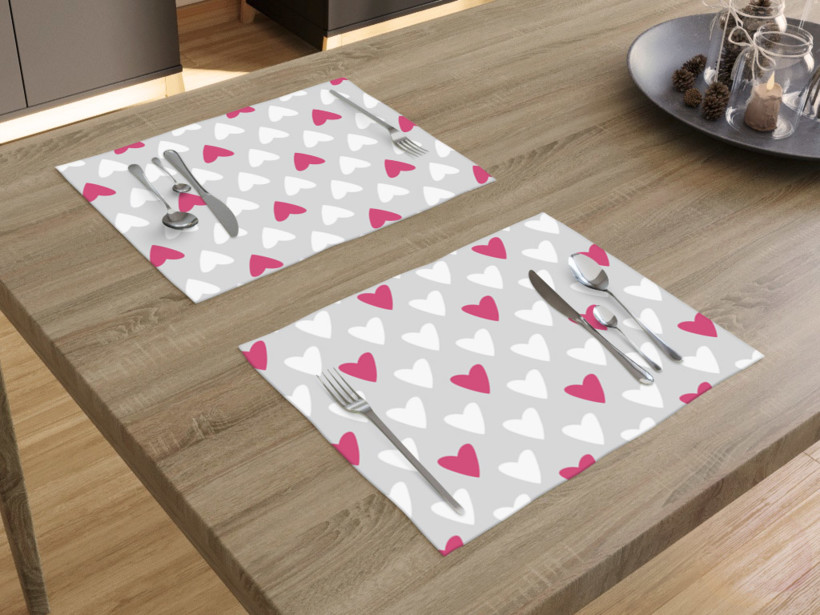Prostírání na stůl 100% bavlněné plátno - růžová srdce na šedém - sada 2ks