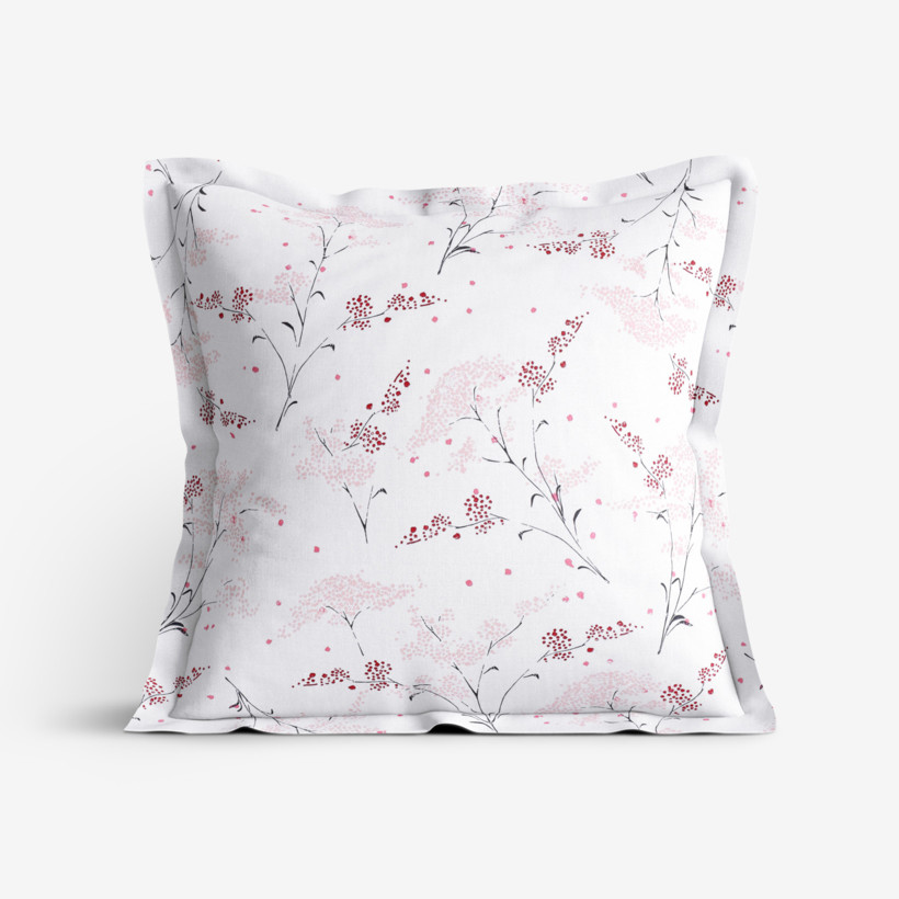 Bavlněný povlak na polštář s ozdobným lemem - japonské květy na bílém
