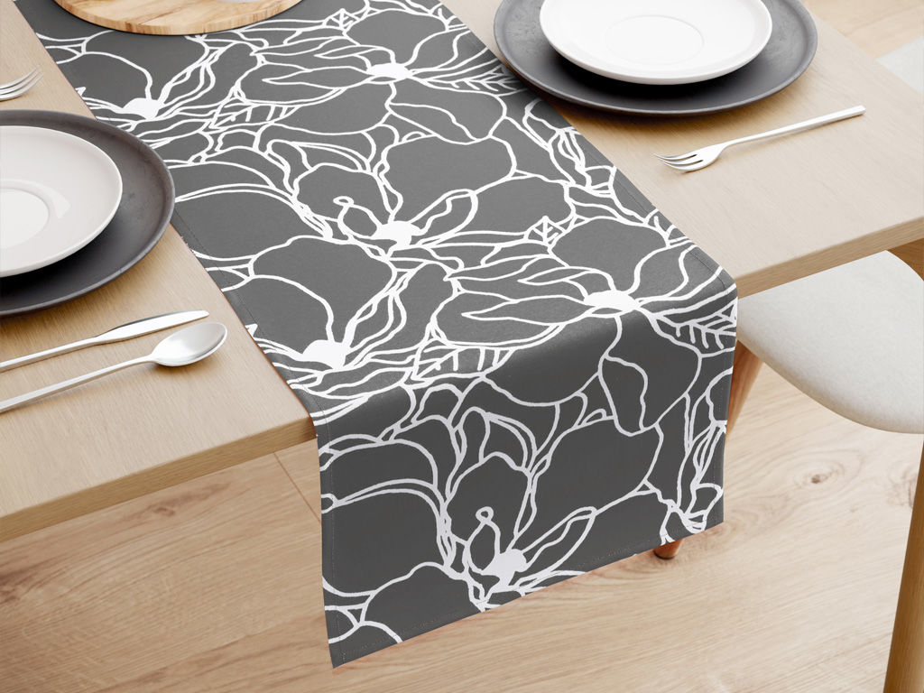 Běhoun na stůl 100% bavlněné plátno - bílé květy na tmavě šedém