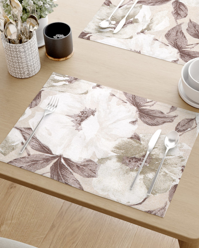Prostírání na stůl Loneta - bílé a hnědé květy s listy - sada 2ks