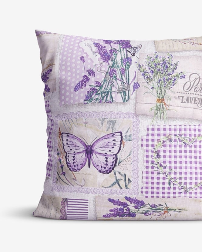 Bavlněný povlak na polštář - patchwork levandulí s motýly