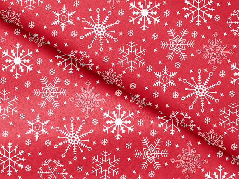 Vánoční bavlněná látka - sněhové vločky na červeném