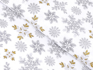 Vánoční bavlněná látka - šedé vločky se zlatými třpytkami - metráž š. 150 cm