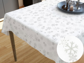 Vánoční teflonový ubrus - vzor stříbrné vločky na bílém