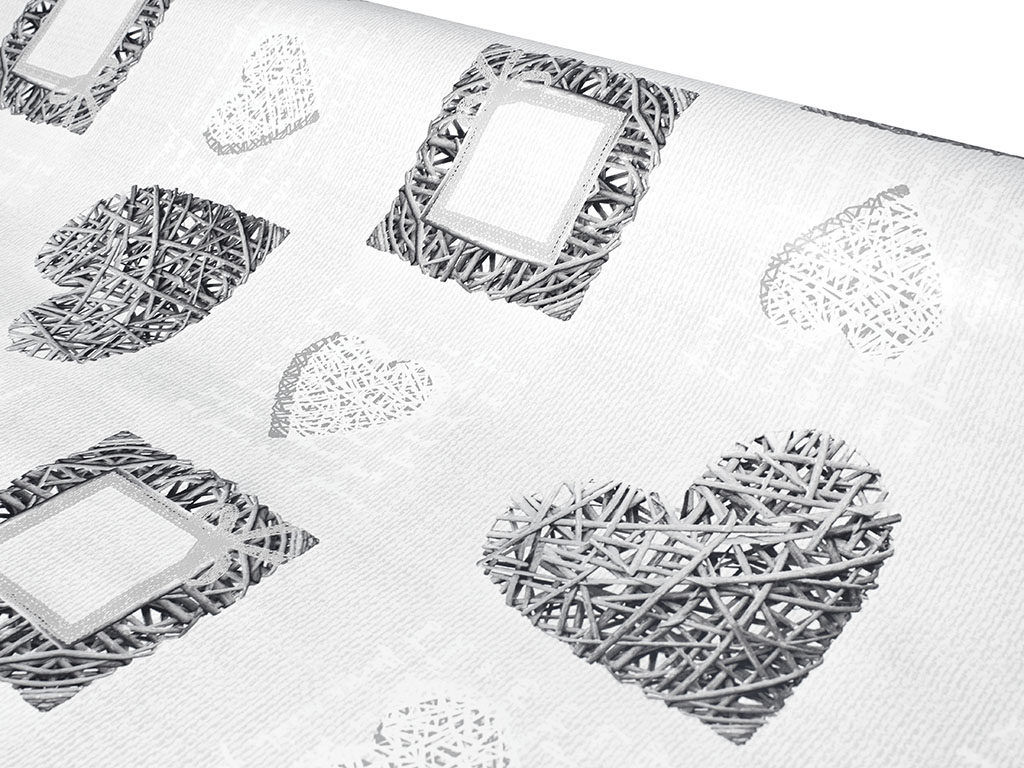 PVC ubrusovina s textilním podkladem - šedá proutěná srdce
