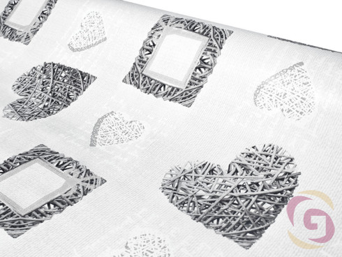 PVC ubrusovina s textilním podkladem - vzor šedá proutěná srdce