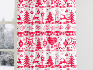 Vánoční bavlněný závěs - vzor červené vánoční symboly na bílém