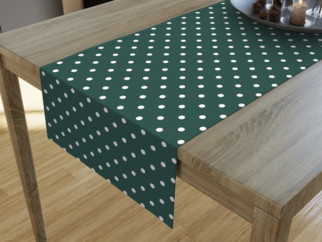 Dekorační běhoun na stůl LONETA - vzor bílé puntíky na tmavě zeleném