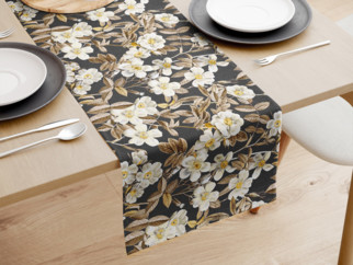 Dekorační běhoun na stůl LONETA - květy na černém