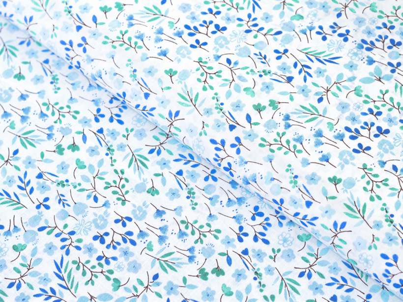 Bavlněné plátno - modré malované květinky