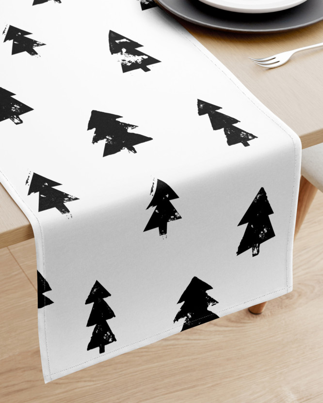 Vánoční běhoun na stůl 100% bavlněné plátno - černé stromečky na bílém