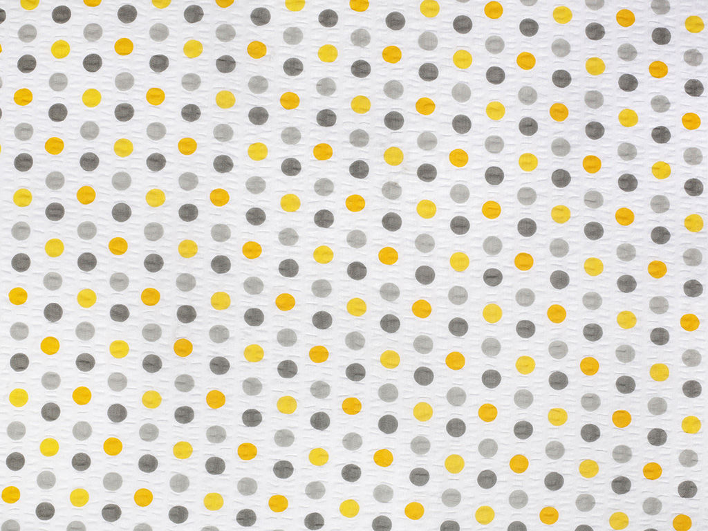 Bavlněný krep - žluto-oranžové a šedé puntíky