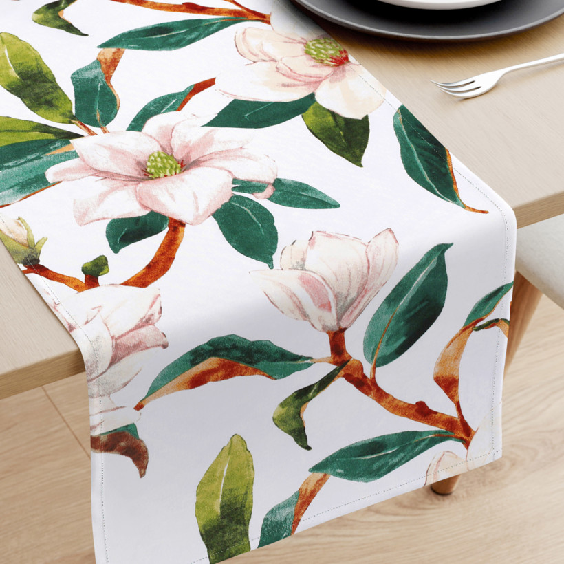 Běhoun na stůl 100% bavlněné plátno - magnolie s listy