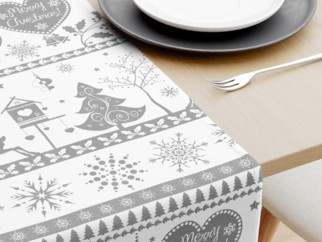 Vánoční bavlněný běhoun na stůl - vzor vánoční symboly na bílém