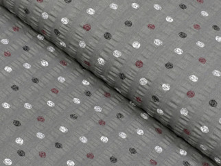 Bavlněný krep - vzor 948 barevné puntíky na tmavě šedém - metráž š. 145 cm