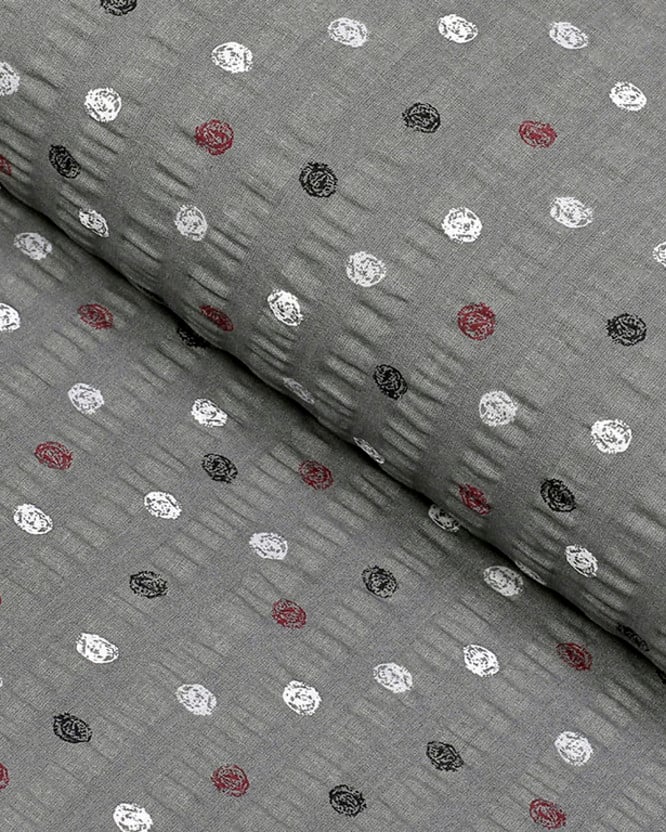 Bavlněný krep - barevné puntíky na tmavě šedém