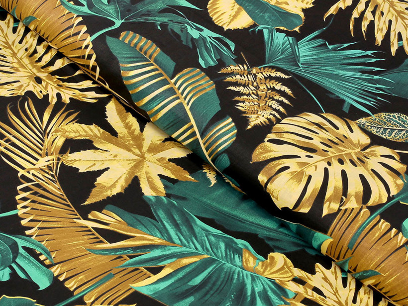Bavlněné plátno - palmové listy na černém