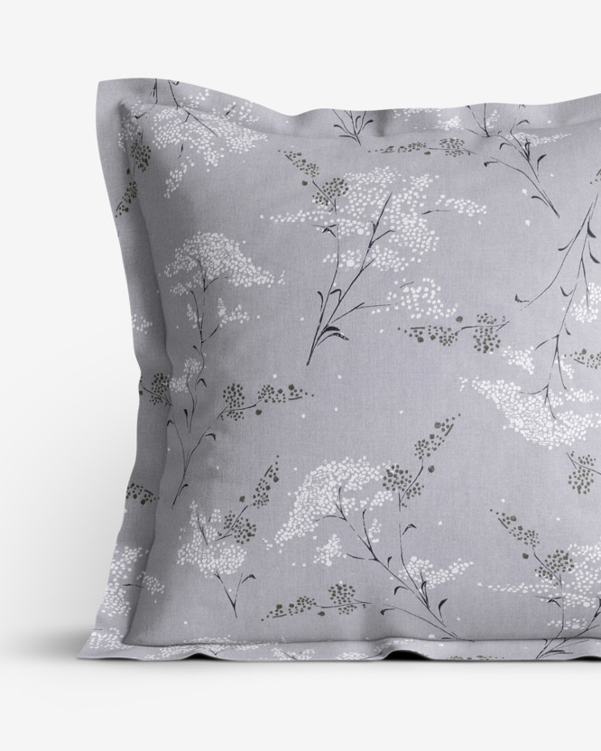 Bavlněný povlak na polštář s ozdobným lemem - japonské květy na šedém