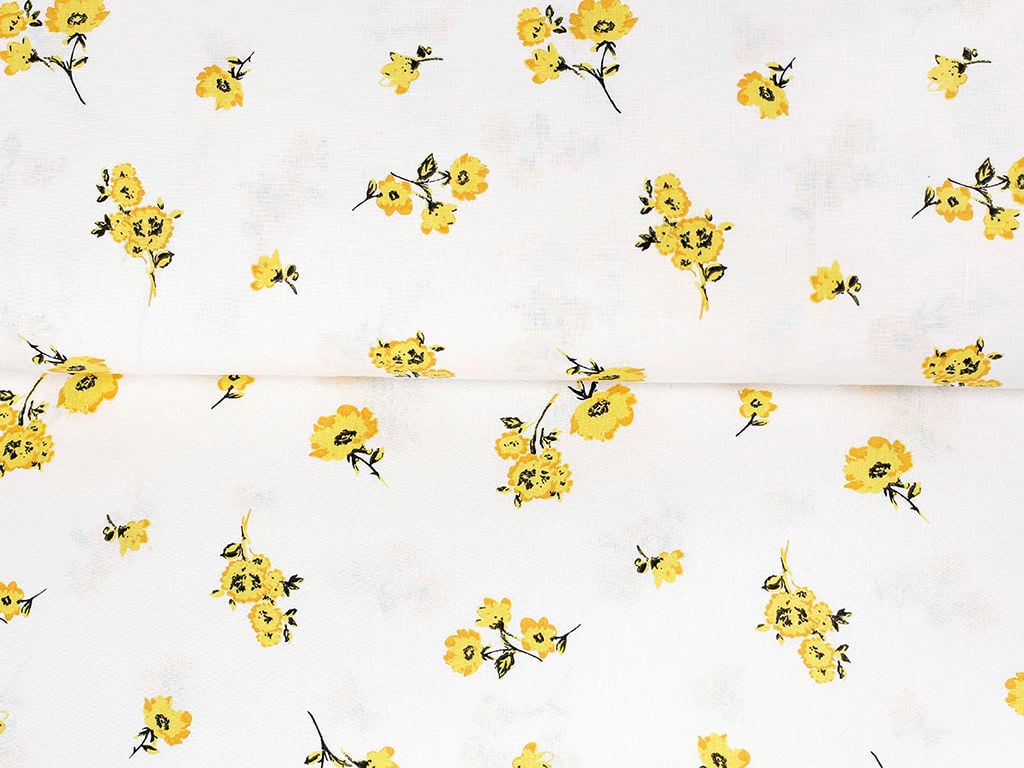 Bavlněné plátno - žluté květy na bílém