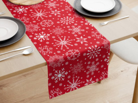 Vánoční bavlněný běhoun na stůl - vzor sněhové vločky na červeném