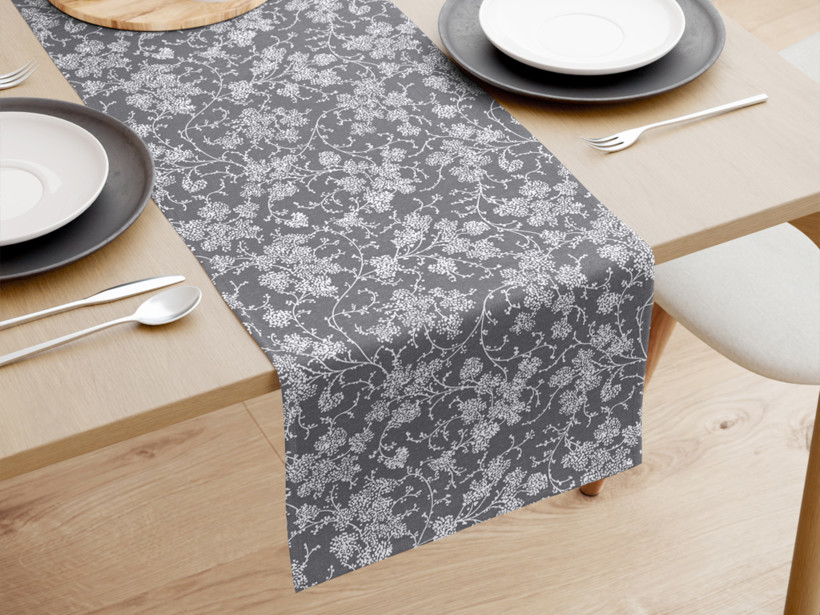 Běhoun na stůl 100% bavlněné plátno - popínavé květy na tmavě šedém