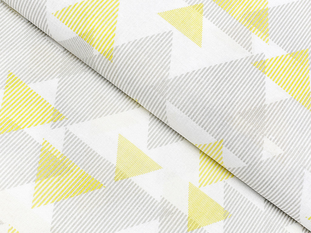 Dekorační látka Loneta - šedé a žluté proužkované trojúhelníky