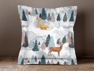 Vánoční povlak na polštář s ozdobným lemem LONETA - vzor malovaní jeleni a srnky