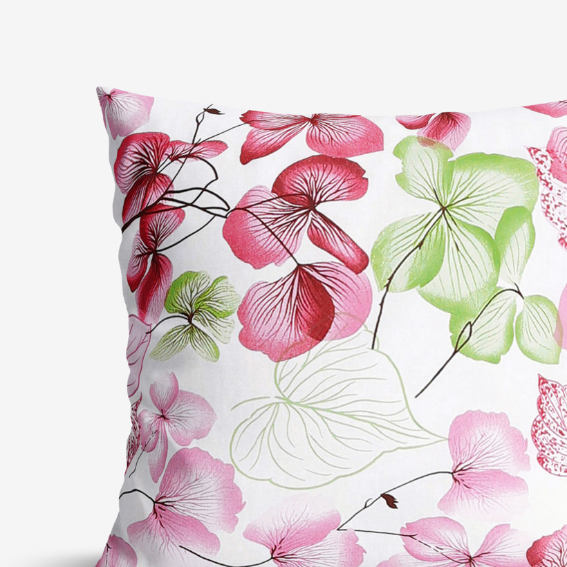 Bavlněný povlak na polštář - růžovo-zelené květy s listy