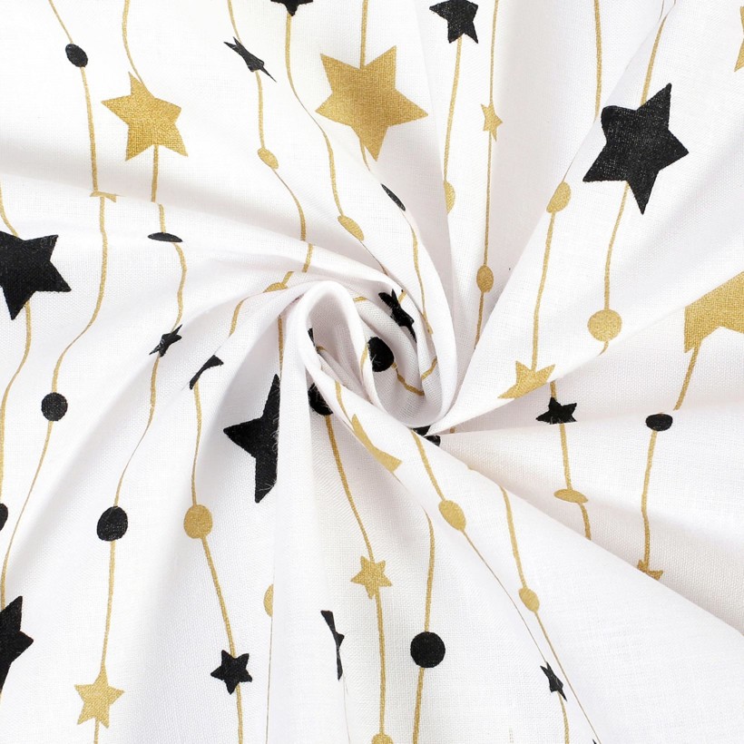Vánoční bavlněné plátno - zlaté a černé hvězdičky na bílém