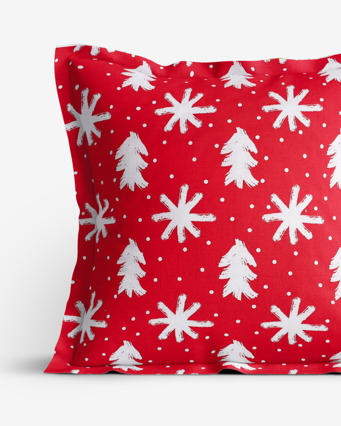 Vánoční bavlněný povlak na polštář s ozdobným lemem - vločky a stromečky na červeném