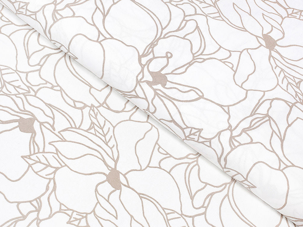 Bavlněné plátno - světle béžové květy na bílém
