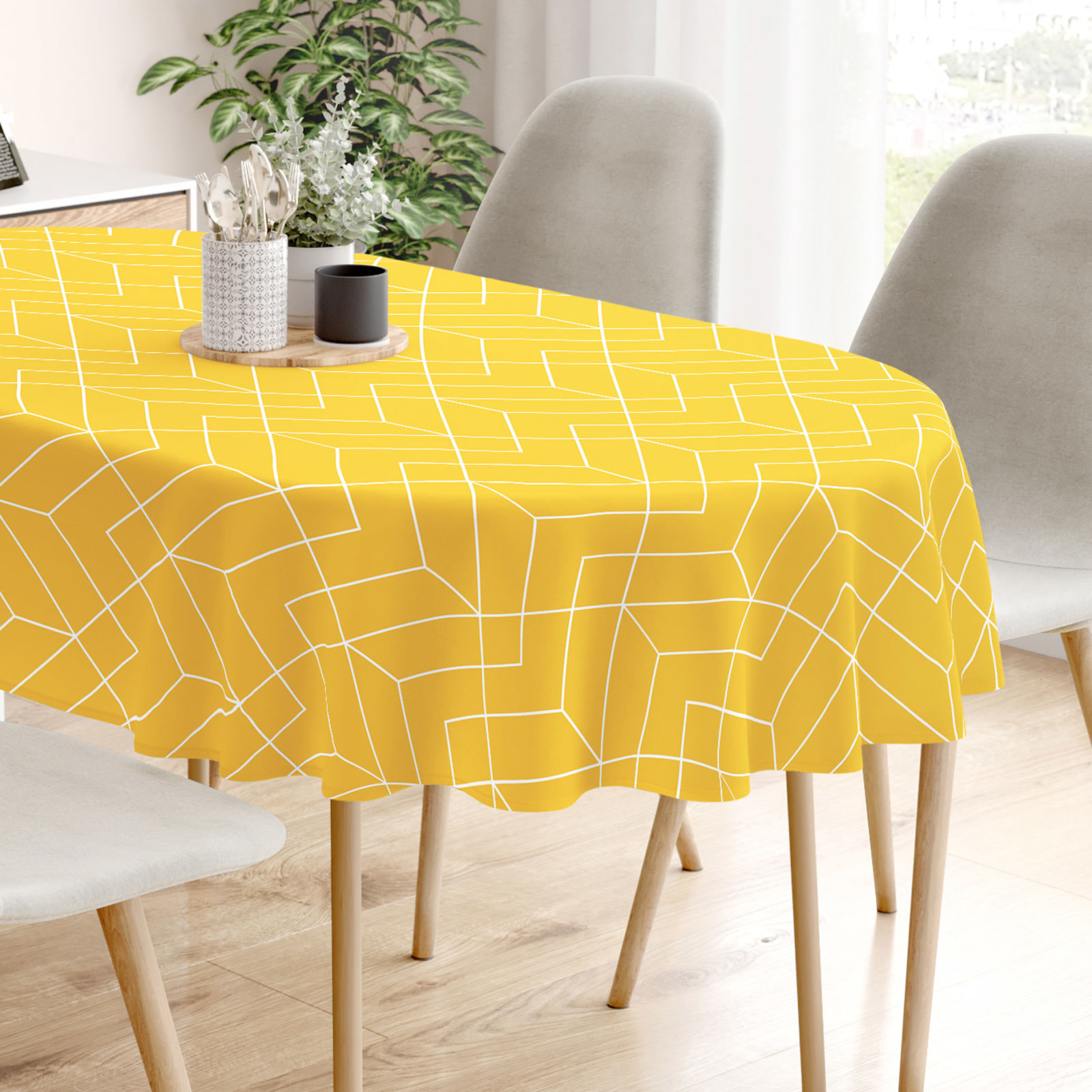 Oválný ubrus 100% bavlněné plátno - mozaika na žlutém