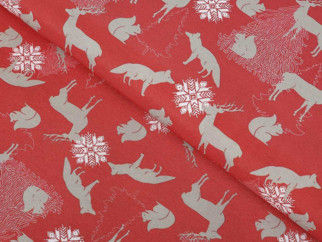 Vánoční dekorační látka LONETA - MOUNTAIN SNOW C-401 - vzor vánoční zvířátka na červeném - šířka 140 cm