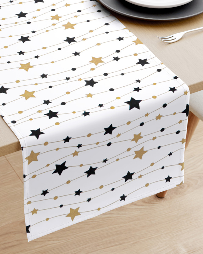 Vánoční běhoun na stůl 100% bavlněné plátno - zlaté a černé hvězdičky na bílém